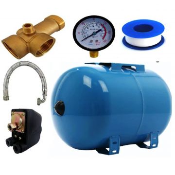 Kit accesorii hidrofor, vas expansiune 24L otel, presostat, manometru, racord 5 cai bronz, furtun racord Inox cu cot 70cm