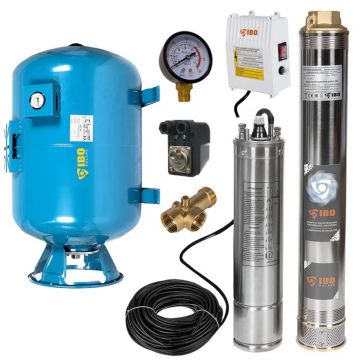 Kit hidrofor 100L vertical/orizontal cu pompa submersibila IBO Dambat 4SDM4/14, 1.1kW, debit 100l/min, racord 1.5 toli, rezistenta la nisip