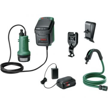 Pompa submersibila apa curata/de ploaie pe acumulator Bosch GardenPump 06008C4202, 18 V, 2.5 Ah, 2000 l/h debit maxim, 30 min timp maxim functionare, 2.5 m lungime furtun, ghidaj furtun, accesoriu prindere rezervor/perete, acumulator, incarcator