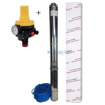Pachet Pompa submersibila de mare adancime + Prescontrol automat, Aqua Tech Premium, Inox, 16 turbine, 12mc h,  H 200m, 30m cablu - Copie