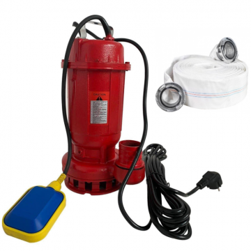 Pachet promo Pompa apa murdara din fonta DDT rosie WQD10 cu plutitor, 1100 W, 15 m  ³ h + Furtunul de pompier 2   20 m, 8 bari, cu cuple