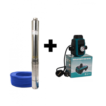 Pachet promo Pompa submersibila de mare adancime, DDT, 4SDM3-7, 1500 W, 7 m  ³ h, 7 turbine, Inox, 30 m cablu + Presostat electronic inteligent digital reglabil DDT