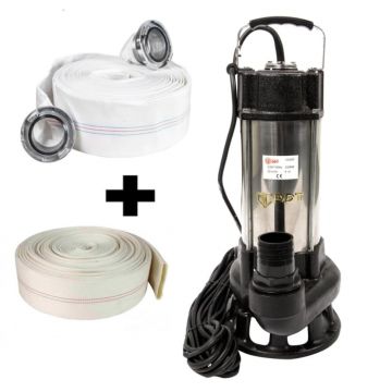 Pompa submersibila cu dublu tocator pentru apa murdara, DDT, V1500T, 1500 W, Inox + Furtun pompier, 20 metri, 2 toli + Furtunul de pompier 2   20 m, 8 bari, cu cuple